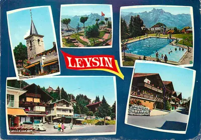 Leysin — vista da cidade, da piscina e das montanhas — Marcel Rouge, Lausanne