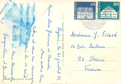 Leysin — vista da cidade, da piscina e das montanhas — Marcel Rouge, Lausanne — Verso