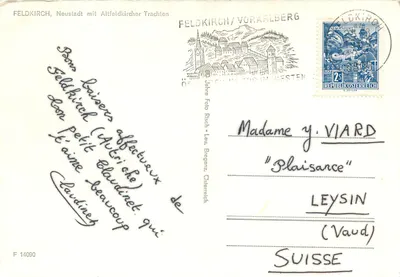 Feldkirch, Neustadt z tradycyjnym strojem Altfeldkircher — wydawca Fob Rich, n° F 14090 — Rewers