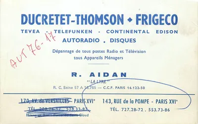 Assistência Técnica de Rádio e Televisão — Ducretet-Thomson • Frigeco — Paris XVIe