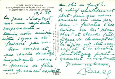 Arredores de SAINT-CLAUDÉ — Curvas de SEPTMONCEL, Chapeau de Gendarme — Edições J. CELLARD — Verso