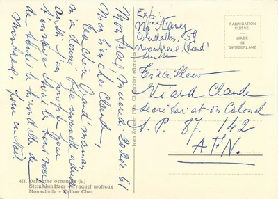 Ave em borda de riacho — pintura de C. Zeilner — editor Steinsehmätzer, n°411 — Verso