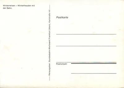 Trem nevado nas florestas – Winterreisen – Winterfreuden mit der Bahn – Bundesbahn, Karlstraße (Main), Frankfurt — Verso