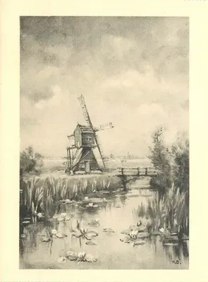 Moinho de vento — paisagem com lótus — H.B. — editor Uitg. v.h. Gebr. van Rijkom, Amsterdam