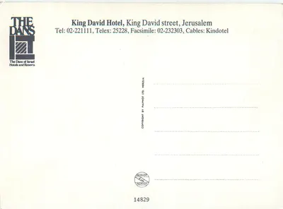 Hotel David — Jerozolima — wydawca Palphot Ltd, n° 14829 — Rewers