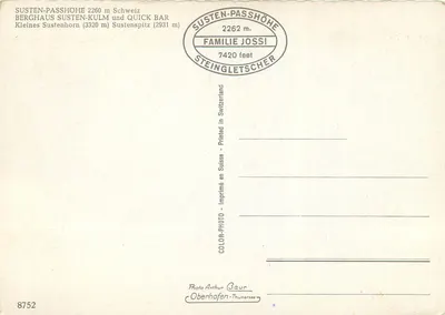 Susten-Passhöhe — widok z szczytu z namiotem i budynkiem — fot. Arthur Gaur, Oberhofen-Thunersee — Rewers