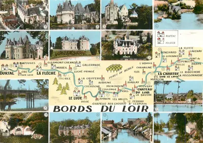 Margens do Loir — Carta postal ilustrada com 12 vistas de castelos e vilarejos — Combier Imp. (71, S.-et-L.)