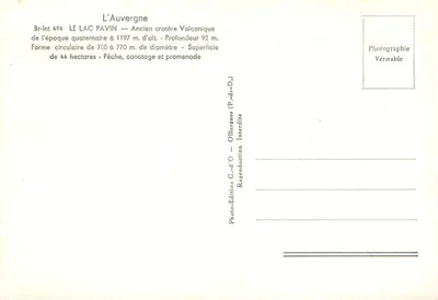 Le Lac Pavin — Ancien cratère volcanique — Édition G.d'O — Verso