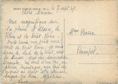 Mont Sainte-Odile — widok na równinę Alsacji, Rzeka Ren i Las Czarny — Félix Laub, wydawca, Strasburg — Rewers
