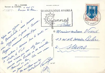 Cannes — widok panoramiczny plaży, sosnowego lasu i portu — wydawca Glatigny, nr 196 — Rewers