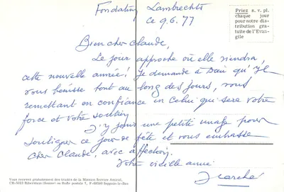 Rosier — carta bíblica com texto de Néhemia 8:10 — Mission Service Amical — Verso