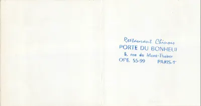 Rosas — ilustração — Restaurante Chinês Porta do Bonheur, Paris — Verso