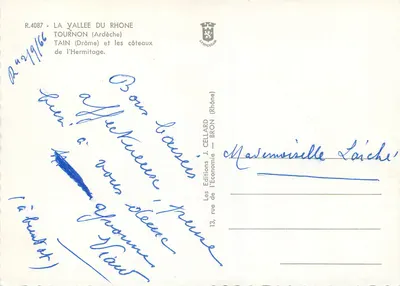 Tournon (Ardèche) — Tain (Drôme) e as colinas de l’Hermitage — Les Éditions J. Cellard — n° R.4087 — Verso