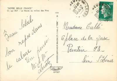Estrada no meio dos Pinheiros — 'NOTRE BELLE FRANCE' — Combier Impressor (71. S.&L.) 'CIM' — Verso