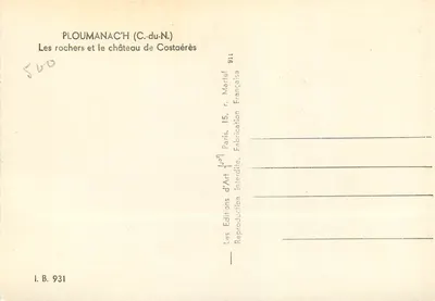 Ploumanac'h (C.-du-N.) — Os rochedos e o castelo de Costaéres — Éditions d'Art, Paris — Verso