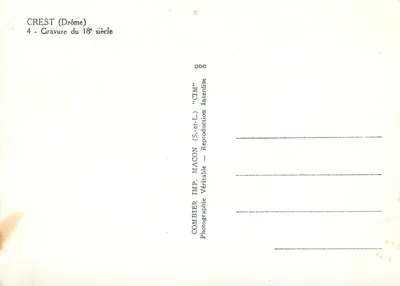 Widok miasta i zamku w Crest w Dauphiné — Gravura z XVIII wieku — Combier, Mâcon — Rewers