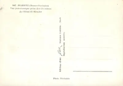 Biarritz (Basses-Pyrénées) — Vue panoramique prise des Chambres de l'Hôtel El Mirador — Éditeur: Flor — Verso
