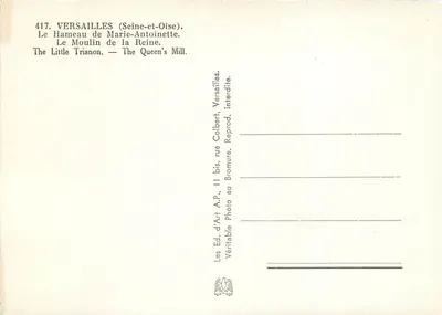 O Povoado de Maria-Antoinette — A Moinha da Rainha — Éd. d'Art A.P., 11 bis rue Colbert, Versailles — Verso