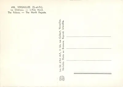 Versailles (S.-et-O.) — O Castelo — A Ala Norte — Éd. d'Art A.P., rue Colbert, Versailles — Verso