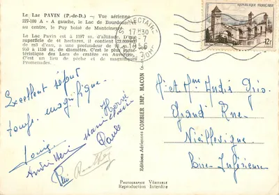 Jezioro Pavin (P.-de-D.) — Widok z powietrza — Fotografia C. M. Y. — Wydawnictwo Aériennes Combier — Rewers