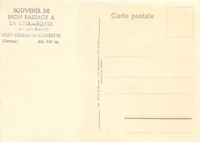 Restauracja Chambotte i Jezioro Bourget — widok panoramiczny — Foto G. Barrois, pl. Clemenceau, Aix-les-Bains, Szwajcaria — Rewers