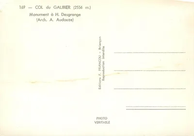 Col du Galibier (2556 m) — Denkmal für H. Desgrange — Éditions F. Francou — Rückseite