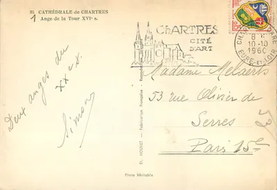 Katedra w Chartres — Anioł z Wieży XVI wieku — Wyd. HOUVET — Rewers