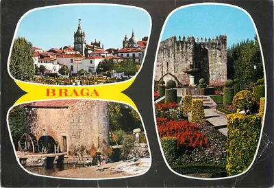 Braga — vista panorâmica, jardim e moinho — Centro de Cartões do Porto