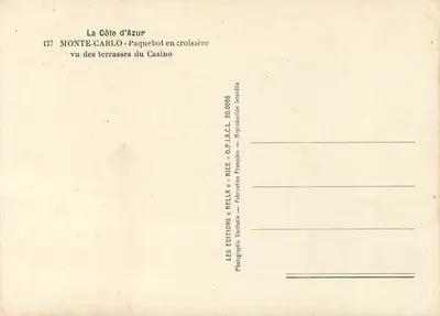 Monte-Carlo — Paquebot en croisière vu des terrasses du Casino — Éditions Rella, n°177 — Verso