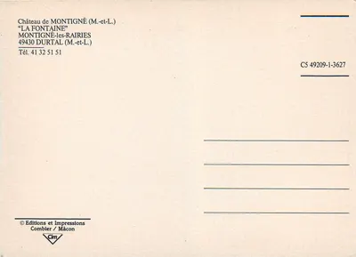 Castelo de Montigné — 'La Fontaine' — Edições e Impressões Combier / Mâcon, n° C5 49209-1-3627 — Verso