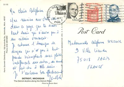Detroit Skyline — Michigan — Perrin Souvenir Distributors, D-115 — Verso