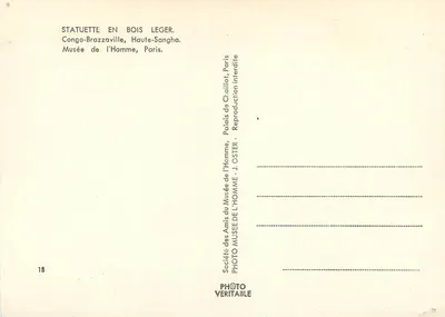 Nowoczesna pocztówka Statuetka z drewna leger Kongo Brazzaville wysoka Sangha Muzeum Człowieka Paryż — Rewers