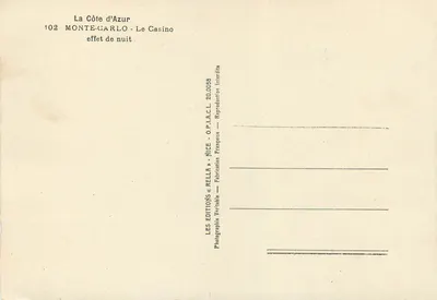 Monte-Carlo — O Casino — efeito de noite — Éditions « Rella » — n° 20.0088 — Verso