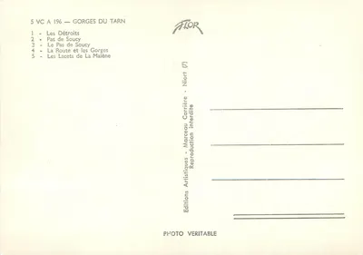 Gorges van de Tarn — De Dettos, Het Pas de Soucy, De Route en de Gorges, De Malène-bochten — Artistieke Uitgaven Marceau Carrière — Achterkant