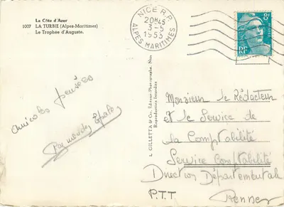 Le Trophée d'Auguste — ruines du temple à La Turbie — éditeur L. Gilletta & Cie, n° 1007 — Verso