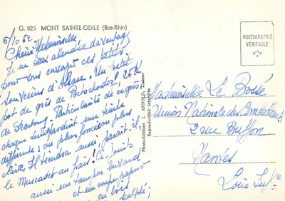 Mont Sainte-Odile — widok panoramiczny i wnętrze kościoła — Wydawnictwo J. Arnold, nr 825 — Rewers