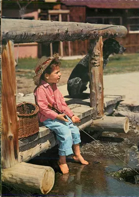 Criança pescando com um cachorro — cena de campo — editor Krüger