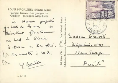 Trasa Galibiera (Wysokie Alpy) — Strona Savoie, chaty Galibiera, tło Mont-Blanca — Éditions d'Art, Paryż — Rewers