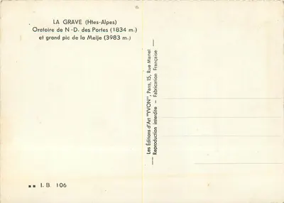 La Grave (Alpes Altas) — Oratorio de Nuestra Señora de las Puertas (1834 m.) y gran pico de la Meije (3983 m.) — Ediciones de Arte 'YVON' — Reverso