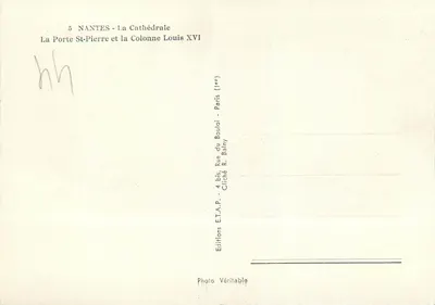 NANTES - Katedra — Drzwi św. Piotra i Kolumna Ludwika XVI — Wydawnictwo E.T.A.P. Rue du Bouloi, Paryż — Rewers