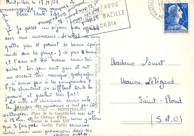 Montpellier — widok Teatru, Mostu Republiki, statuy Ludwika XIV i Ogrodu Publicznego — Wydawnictwo Modernes Théodé — Rewers
