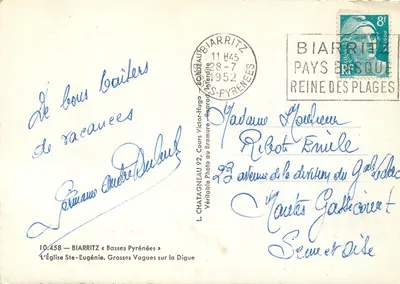 Biarritz — Kościół św. Eugenii. Duże fale na przeszkodzie — L. Chataigneau, nr 10.458 — Rewers