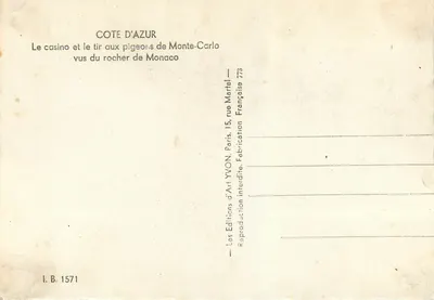 Monte-Carlo — O cassino e o tiro aos pombos vistos da rocha de Mônaco — Éditions YVON — Verso