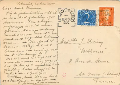 Narcissen in een blauw en witte vaas — tekening van M. in Paris — serie H.P. 8 — Achterkant