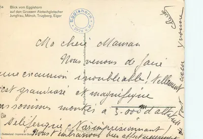 Lodzianka Grossen Aletschgletscher — widok z Eggishorn — wydawca Klopfenstein, n°54 — Rewers