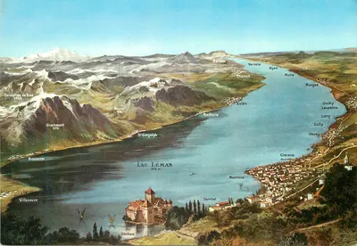 Lago Léman — vista panorâmica com as montanhas e as cidades — Edição O. Sartori, n° 10081