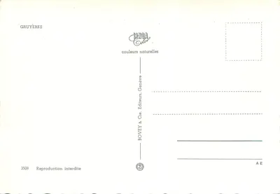 Gruyères — uitzicht op het centrale plein met fontein — BOVEY & Cie, Uitgever, Genève — Achterkant