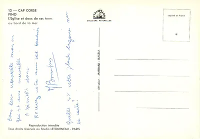 Pino — Igreja e duas torres na beira do mar — Studio Letourneau — Verso