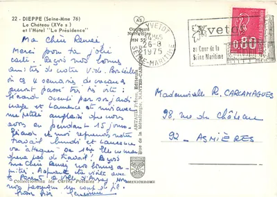 Dieppe (Seine-Maritime) — O Castelo (século XV) e o Hotel 'La Présidence' — Editores Nantes-Caragués — Verso