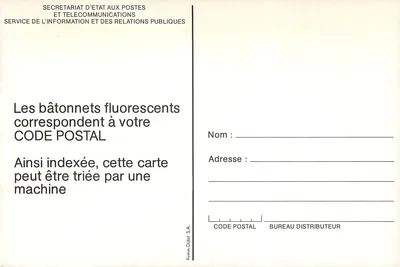 Hombre portador de cartas — publicidad PTT para el código postal — editada por Firmin-Didot S.A. — Reverso